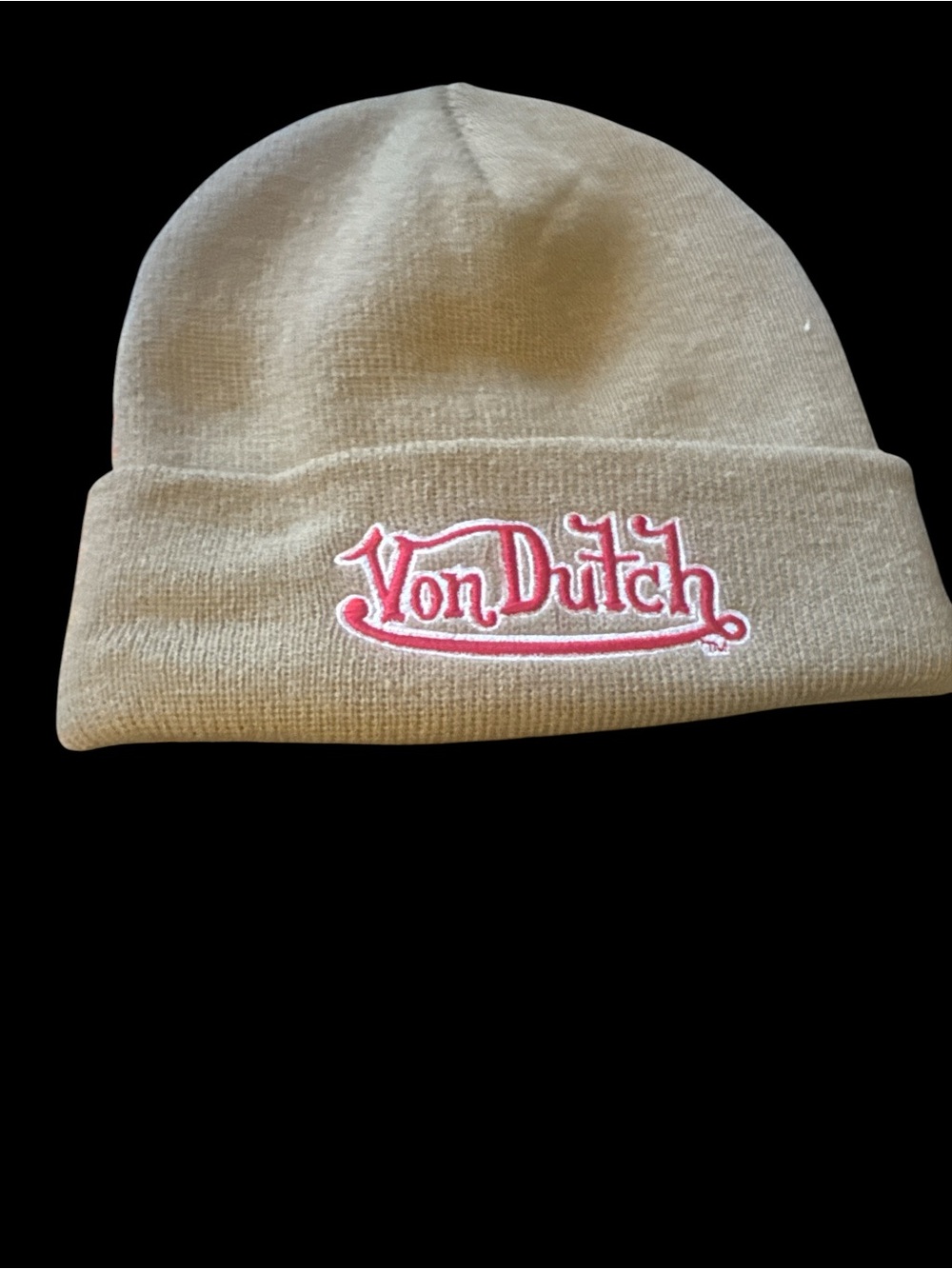 Von Dutch Knit Beanie in Beige with Pink Logo
